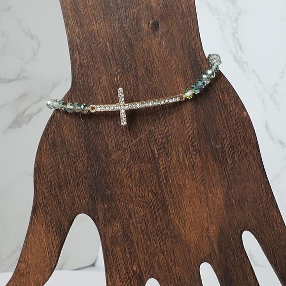 ARTISAN Petite Faceted Beads Rhinestone Cross Stretch Bracelet Christian… - Picture 2 of 7